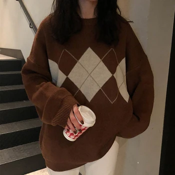 Пуловеры Argyle, женские пуловеры с геометрическим рисунком и круглым вырезом, Свободные вязаные свитера в корейском стиле колледжа, осень-Зима, Новая мода