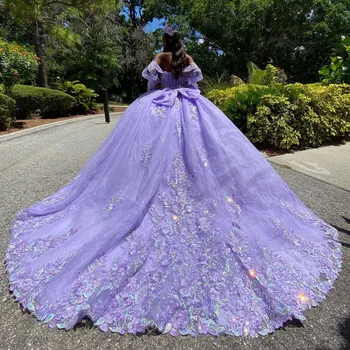 Пышное Платье в двух Образах 2024 Года Со Съемным Рукавом Фиолетового Цвета Vestidos De 15 Años Бальное Платье Sweet 16 Birthday Party Dress Pageant Miss