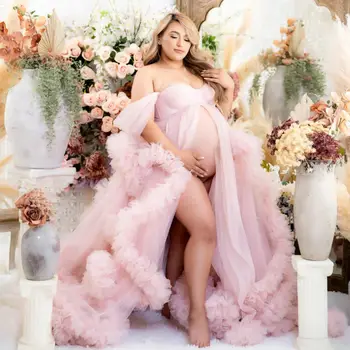 Розовое платье для беременных для фотосессии, халат с открытыми плечами, оборки спереди, платья для фотосъемки беременных