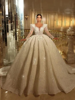 Роскошные Свадебные бальные платья с блестками и бисером, свадебные платья принцессы с длинными рукавами на заказ, Vestidos De Novia