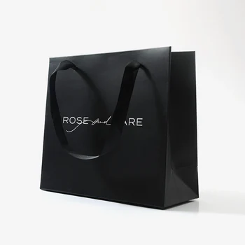 Роскошный Черный подарочный бумажный пакет, изготовленный на заказ с печатным логотипом, упаковка ювелирных изделий, бумажный пакет для покупок с ручками из ленты