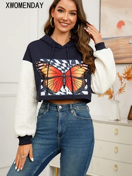 Рубашка с капюшоном, женские пуловеры с бабочками, укороченные топы с длинным рукавом, молодежная женская одежда, Новинка осени В толстовках и кофтах 2023 года