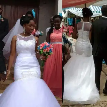 Свадебные платья Русалки большого размера С аппликацией из бисера, свадебные платья из тюля, прозрачное кружево, Африканское платье невесты большого размера