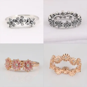 Сверкающее кольцо с цветком маргаритки для женщин, аутентичные женские украшения из стерлингового серебра S925 Пробы, подарок на день рождения для девочки, Прозрачный CZ
