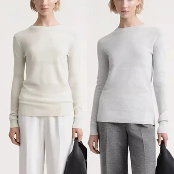 Свитер для женщин, новинка 2023 года, осенний простой однотонный повседневный пуловер с круглым вырезом и длинными рукавами, приталенный цвет.