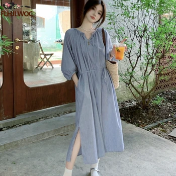 Свободные платья Mori Girl 2023, Женское Летнее осеннее однотонное синее платье с галстуком-бабочкой, Милое, милое Длинное платье в Японском стиле в стиле Ретро.