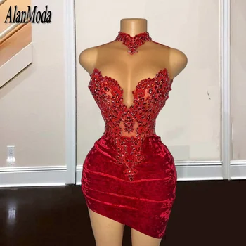 Сексуальные красные платья на День рождения, праздничная одежда с высоким воротом, расшитая бисером, вечерние коктейльные платья с бриллиантами, Короткое платье для выпускного вечера 2023 Vestido De Gala