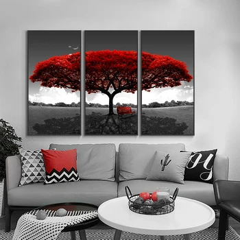Современная пейзажная картина Красное Дерево Печать на холсте Скандинавская живопись 3 предмета домашнего декора Безрамное украшение