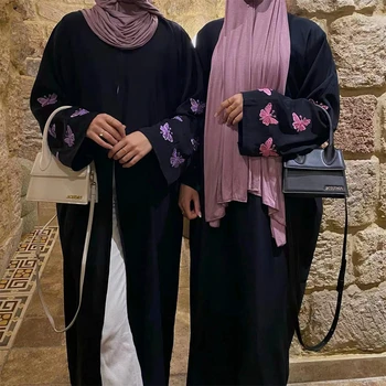 Турецкая Открытая Абая с вышивкой бабочкой для женщин, мусульманские длинные платья Макси, Кимоно, Праздничный вечер, Дубай, Арабский халат, исламское пальто, Джалабия