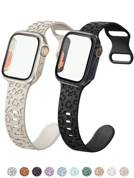Чехол + Ремешок Для Apple Watch Band 45 мм 44 мм 41 мм 40 мм 38 42 мм Леопардовый Силиконовый Браслет iWatch 3 4 5 6 Se 7 8 Заменить На Ultra Case