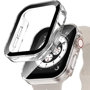 Чехол + Стекло для Apple Watch 7 8 9 45 мм 41 мм 44 мм 40 мм Защитная Пленка Для Экрана Водонепроницаемая Крышка Бампер В Виде Ракушки iWatch 4 5 SE 6 Аксессуары