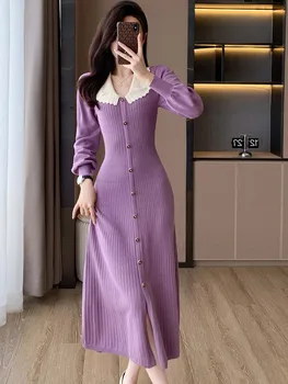 Что-то во французском винтажном стиле, Новое Осенне-зимнее Фиолетовое платье-свитер с высоким дизайном, женские трикотажные платья с лацканами и длинным рукавом