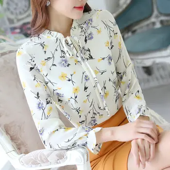 Элегантная блузка с кружевными оборками и бантом в цветочек, женская одежда 2023, осенние новые повседневные топы оверсайз, офисная женская рубашка