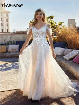 Элегантное свадебное платье с открытыми плечами, Классическое платье с кружевными аппликациями для невесты, простое длинное свадебное платье трапециевидной формы Robe De Mariée