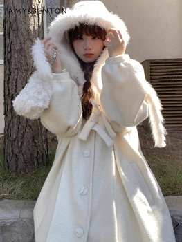 Японское милое пальто с меховым воротником, куртка с капюшоном, женское Кавайное однотонное белое свободное шерстяное пальто с длинным рукавом, женское пальто в стиле Лолиты