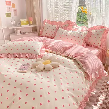 Ins Розовое кружево принцессы с сердечком-любовью, пододеяльник, наволочка и простыня-юбка для девочек, постельное белье, домашний текстиль из 4 предметов