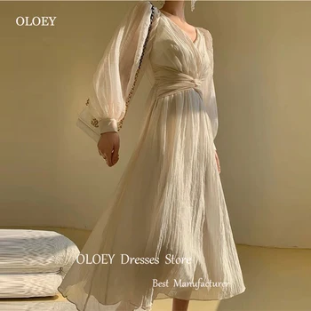 OLOEY Простые вечерние платья из шелкового шифона со складками трапециевидной формы в Корейском стиле с длинными рукавами и V-образным вырезом, вечерние платья чайной длины для выпускного вечера