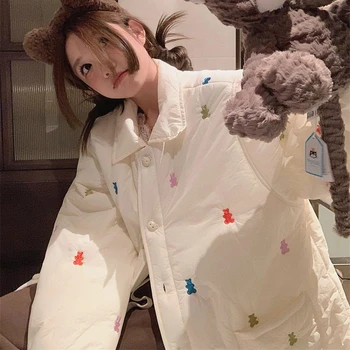 Y2K Милая куртка с вышивкой в виде конфетного мишки, парки для девочек, хлопковое теплое зимнее пальто с воротником ПОЛО из мультфильма Каваи, Корейская мода