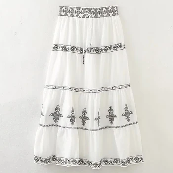 Белая юбка с вышивкой Женские Летние Длинные юбки с рюшами Для женщин Мода 2023 Винтажная пляжная юбка Миди в стиле Бохо Элегантные юбки