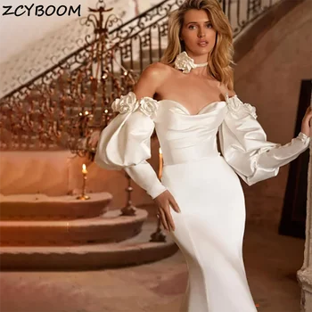 Великолепные 3D цветы с пышными рукавами, мягкие атласные свадебные платья Русалки 2024 года, свадебное платье из тюля со шлейфом, без спинки, для женщин