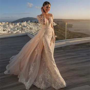Великолепные кружевные аппликации, длинные рукава, свадебное платье Русалки для невесты 2023, украшение на пуговицах, иллюзия спины, Vestido De Novia
