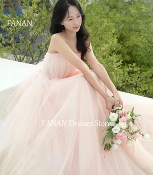 Вечерние платья с розовым бантом сзади, Корейская принцесса, Тюль, Фея без бретелек, Свадебные Женские Вечерние платья, платья для выпускного вечера