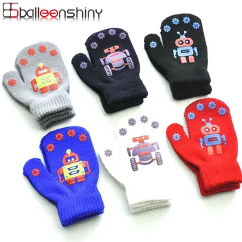 Детские зимние теплые перчатки Balleenshiny, детские перчатки с рисунком милого маленького робота, нескользящие вязаные детские перчатки для мальчиков и девочек