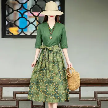 Женская одежда, Платье с цветочным Рисунком для Женщин, Весенне-Летнее Винтажное Зеленое Темпераментное Платье Миди с Регулируемой талией Для Похудения