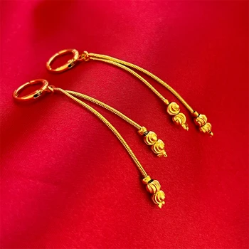 Женские серьги с длинными кисточками из желтого золота, две цепочки, бусы, висячие Серьги-подвески, Модные ювелирные аксессуары
