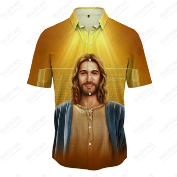 Модная мужская рубашка с изображением христианского Иисуса, Стильная повседневная рубашка с короткими рукавами и отворотом, Летняя удобная рубашка оверсайз