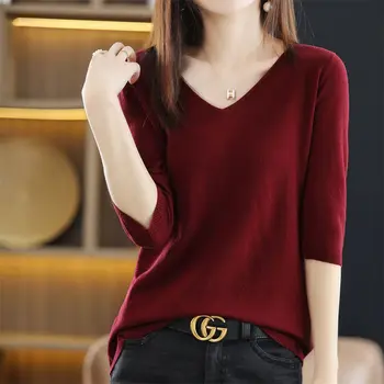 Модная однотонная свободная блузка с V-образным вырезом, Женская одежда 2023, Весенние новые повседневные пуловеры, Корейская рубашка с коротким рукавом