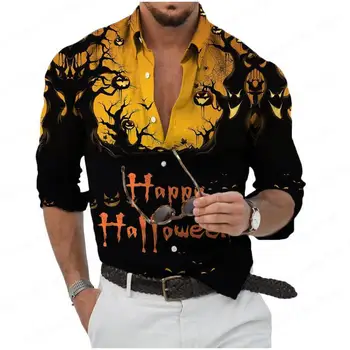 Мужская рубашка с призраком тыквы на Хэллоуин, гавайская мода, роскошная повседневная одежда с длинным рукавом, Винтажная праздничная одежда с черепом большого размера