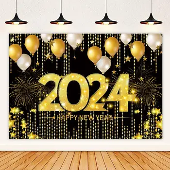 Настенное украшение с наступающим Новым годом 2024, черный золотой фон для вечеринки, фоновый баннер для фотосъемки, принадлежности для новогодней вечеринки