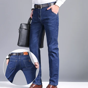 Новые классические брендовые мужские джинсы из денима Regular Fit, прямые стрейчевые Деловые повседневные однотонные мужские брюки на все сезоны