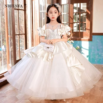 Однотонные свадебные платья с большим бантом для гостей и вечеринок для цветочницы 2022 с пышными рукавами, детское бальное платье принцессы на день рождения, платье