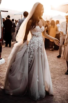 Прозрачное кружево, аппликации из 3D цветов, свадебные платья для женщин, пляжное свадебное платье из тюля с разрезом в виде сердечка и кристаллов, Vestido De Novia