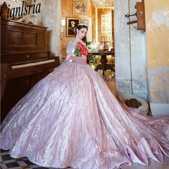 Розовое бальное платье с блестками и кристаллами, пышные платья с открытыми плечами, корсет с поясом, Vestido De 15 Anos
