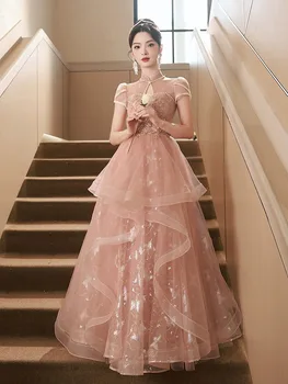 Розовое вечернее платье в китайском стиле, ретро-платье, платья для выступлений с вокальной музыкой принцессы высокого класса, gala H577