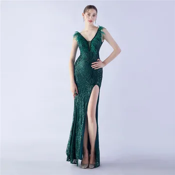 Роскошные вечерние платья DongCMY 2024, расшитые блестками из страусиной шерсти, Вечернее платье с разрезом сбоку, элегантное вечернее платье высокого класса для женщин