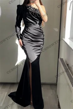 Черные атласные аппликации, платья для выпускного вечера в стиле Русалки, одно плечо, Длинный рукав, Официальное вечернее платье с высоким разрезом, женский халат De Soiree