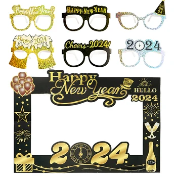 Черные Золотые очки Cheer 2024 Новогодняя вечеринка из картона Реквизит для фотосессии Cheer 2024 Счастливое Новогоднее украшение для вечеринки