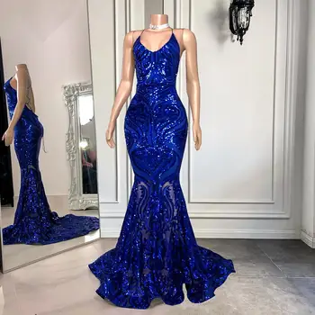 Элегантные длинные платья для выпускного вечера, сексуальная Русалка, прозрачное вечернее платье для официальных вечеринок, расшитое блестками Королевское синее черное платье для девочек с открытой спиной